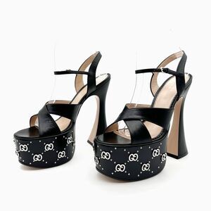 GUCCI Janaya Black GG Studded Platform Heels Size 38 US 8 Sandals Leather